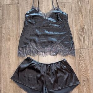 Silver Gray Satin Pajama Set with Lace Trim